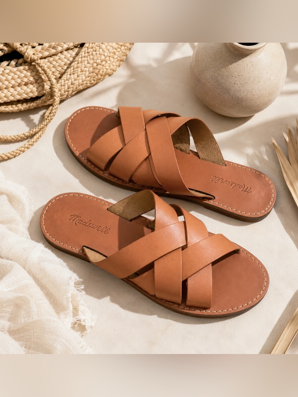 Madewell Boardwalk Crisscross Flat Slide Sandals Brown Tan Leather Women 8.5